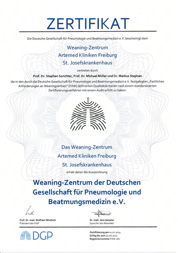 Zertifikat Auszeichnung Weaning-Zentrum der Deutschen Gesellschaft für Pneumologie und Beatmungsmedizin e. V. 